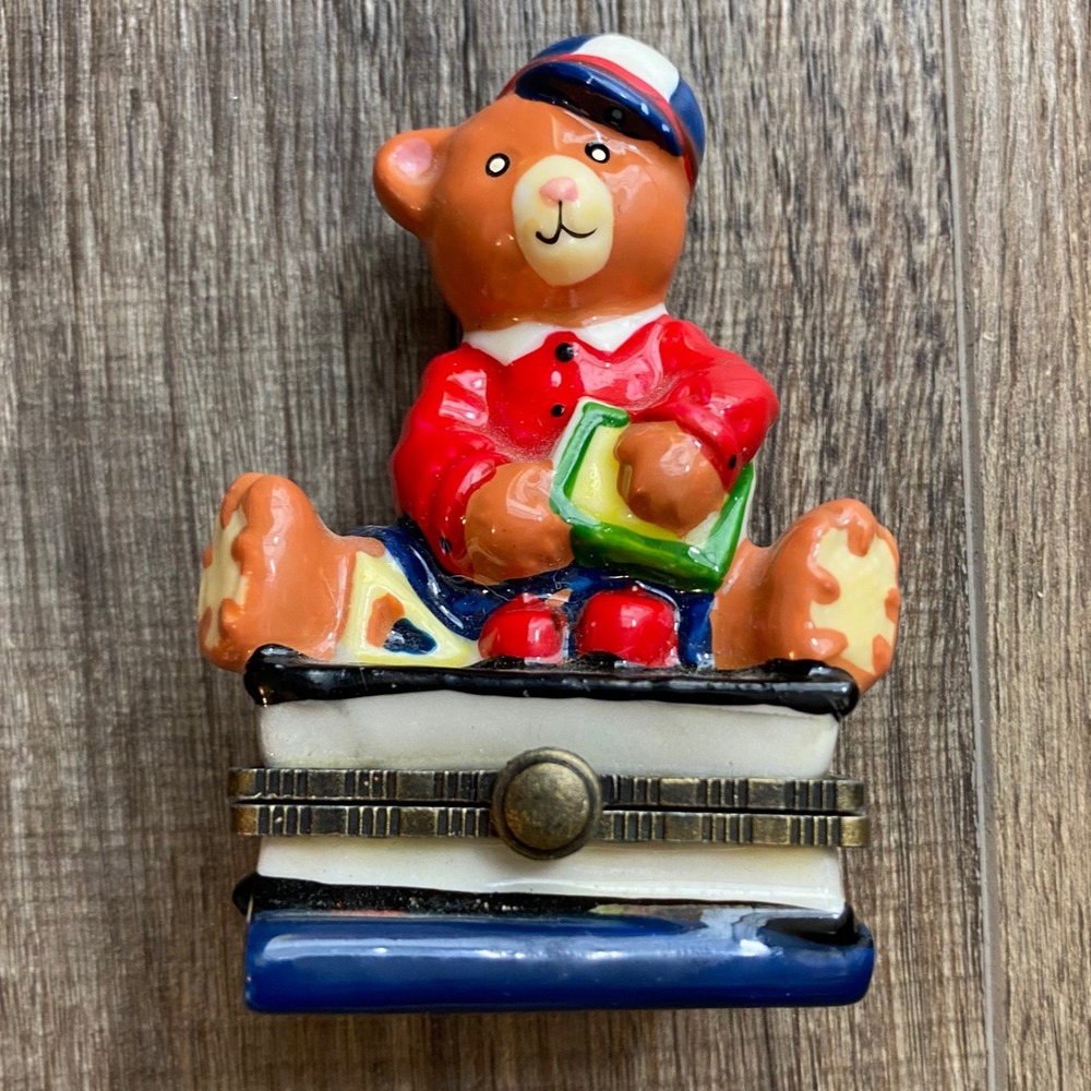 Ceramic Teddy Bear on Books Hinged Trinket Box Red Sweater Baseball Cap 3 Inch